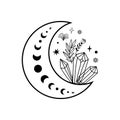 Crystal moon phase crystal flowers tattoo. Magic celestial coloring page. Mystical moon phase graphic element.