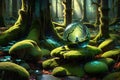 A Crystal Orb Resting on an Ancient Moss-Covered Stone Pedestal in an Enchanted Forest Backlit By Ethereal Light Royalty Free Stock Photo