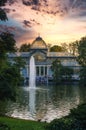 Crystal Palace in the Madrid Retiro Park with the lake at sunset Royalty Free Stock Photo