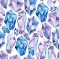Seamless watercolor pattern of blue and purple crystals on a white background. Royalty Free Stock Photo