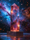 Crystal Pedestal on a Starry Night Sky Background The clear podium blends with the cosmic backdrop