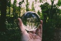 Crystal photography ball held against a woodland scene