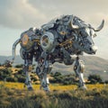 Crystal-powered bull robots leading a futuristic agricultural revolution,generative ai