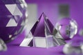 Crystal prism refracting light, magic crystals and pyramid, sphere and cube on purple background. Spiritual healing Royalty Free Stock Photo