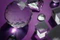 Crystal prism refracting light, magic crystals and pyramid, sphere and cube on purple background. Spiritual healing Royalty Free Stock Photo