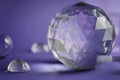 Crystal prism refracting light, magic crystals and pyramid, sphere and cube on purple background. Spiritual healing