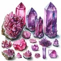 Crystal purple gemstones. Watercolor magic amethyst stones, hand drawn watercolor crystals, watercolor glass stones illustration Royalty Free Stock Photo