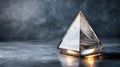 A crystal pyramid with a golden interior sits on a dark gray surface. Royalty Free Stock Photo