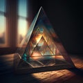 Crystal pyramid on a wooden table in the room. 3d rendering