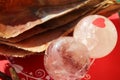 Crystal quartz balls with Pinna nobilis, noble pen shells, macro photography, closeup