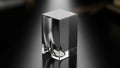 Or crystal rectangular prism sculpture rests on a dark reflective Royalty Free Stock Photo