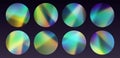 Crystal refraction stickers, leak flare, rainbow sunlight effect, holographic reflections in circle shape.