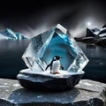 a crystal sculpture on a rock with a black background and a light shining on side Royalty Free Stock Photo