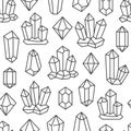 Crystal seamless pattern with line gemstone icons. Geometric mineral on white background with black polygonal stone