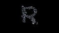 crystal glowing clear diamonds letter R on black, isolated - object 3D rendering