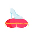 Crystal slipper on red pillow. Luxurious cushion, fabulous coronation. Glass shoes fairy tales.