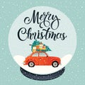 Crystal snow globe on black stand isolated on transparent vector background. Red car with christmas tree and gift boxes