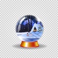 Crystal snow globe of winter snowy night landscape with little house and cute snowmen clip art Royalty Free Stock Photo