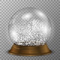 Crystal snow globe on wood stand. Transparent vector snowglobe with wood decoration. Royalty Free Stock Photo