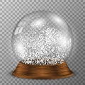 Crystal snow globe on wooden pedestal. Transparent vector snowglobe with wood decoration.