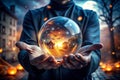 Crystal sphere in hands. Magic ball predictions Royalty Free Stock Photo