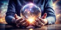 Crystal sphere in hands. Magic ball predictions Royalty Free Stock Photo