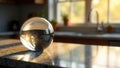 A crystal sphere rests on a kitchen countertop, reflecting the warm sunlight streaming through a nearby window, creating a Royalty Free Stock Photo