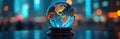 Crystal sphere shows globe with digital graphs. Future finance trends and world economy data are visible inside. Predictive Royalty Free Stock Photo