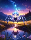 Crystal Spider in Starry Night Meadow Royalty Free Stock Photo
