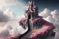 Crystal staircase in clouds leads to castle