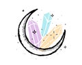 Crystal and stars with spirituality moon. Hand drawn astrology crescent symbol. Colored gemstone mystical mineral