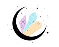 Crystal and stars in spirituality moon. Line art astrology crescent symbol with colored gemstone. Magic or healing