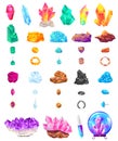 Crystal stone gem vector illustration icon set, cartoon flat crystalline geological mineral, magic precious gemstone for