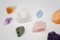 Crystal stones: Amethyst cluster and point, clear quartz, citrine, calcite and rose quartz