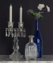 Crystal Table Chandelier with Blue glass Bottle and Flowers Still