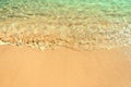 Crystal transparent waves on the sand beach. Koukounaries Beach.