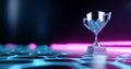 Crystal trophy cup standing on futuristic hexagonal patterned surface with neon blue and pink lighting in dark background Royalty Free Stock Photo