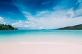 Crystal turquoise green sea ocean clear water and white sand beach mountain at Lipe Island Satun Thailand