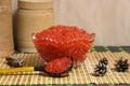 Crystal vase and wooden spoon full of red caviar Royalty Free Stock Photo