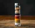 A crystal vial filled with different layers of colored sand, each layer representing a segment of data in a pie chart , advertise
