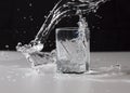 Crystal water. splash in a glass of crystal with black background and white table Royalty Free Stock Photo