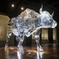 Crystalized bull in a museum of future extinct species,generative ai
