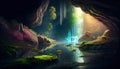 Crystall Cave Inside the Mountain Waterfalls Are Falling in Sunbeams Are Touching The Water and Crystals and Reflct the Light AI
