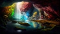 Crystall Cave Inside the Mountain Waterfalls Are Falling in Sunbeams Are Touching The Water and Crystals and Reflct the Light AI