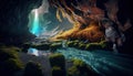 Crystall Cave Inside the Mountain Waterfalls Are Falling in Sunbeams Are Touching The Water and Crystals and Reflct the Light AI