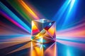 A crystalline cube refracts vibrant multicolored light beams, casting prismatic reflections on a reflective surface. Generative AI Royalty Free Stock Photo