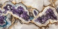 Crystalline geode stone background with amethyst and quartz mineral clusters. Royalty Free Stock Photo