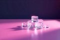 Crystalline ice cubes on a vibrant pink surface underneath a dark background. Generative AI Royalty Free Stock Photo