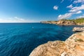 Crystalline turquoise waters of Cala s`Almunia beach from cap des moro. Majorca, Balearic Islands, Spain Royalty Free Stock Photo