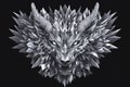 Crystalline wolf head, low-poly, fantasy creature, sharp edges, monochrome, dark background, fierce expression, digital art, 3D Royalty Free Stock Photo